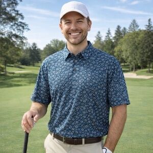 PGA Tour Pro Series Golf Polo Shirt Size XXL Athletic Fit Blue/White Floral